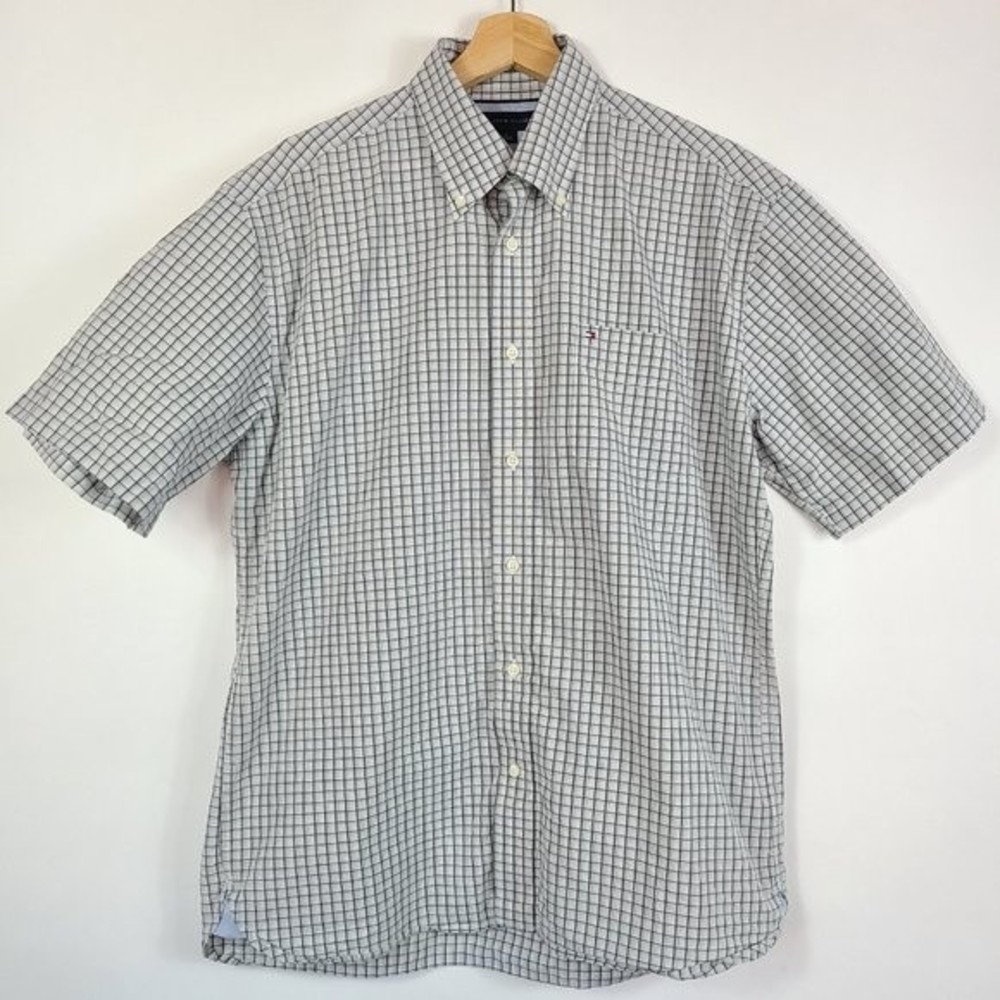 Tommy Hilfiger Cream Blue Plaid Button Front Short Sleeve Shirt - Size M